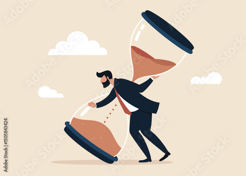 Time's Grip: A man in a suit struggles to control a colossal hourglass, symbolizing the weight of time and urgency, with dramatic visual metaphors for deadlines and time management.