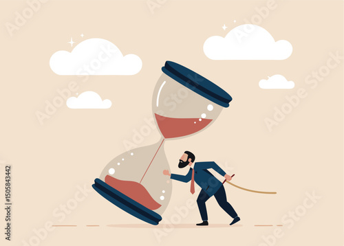 Businessman Against Time: A determined businessman struggles to hold back a giant hourglass, symbolizing the relentless passage of time and the pressure of deadlines.