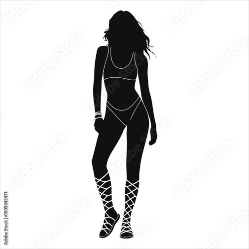(Gladiator sandals)Vector Silhouette of a Woman in a Swimsuit and Sandals/A stylish, minimalist silhouette of a woman in a summery swimsuit and intricately designed sandals.