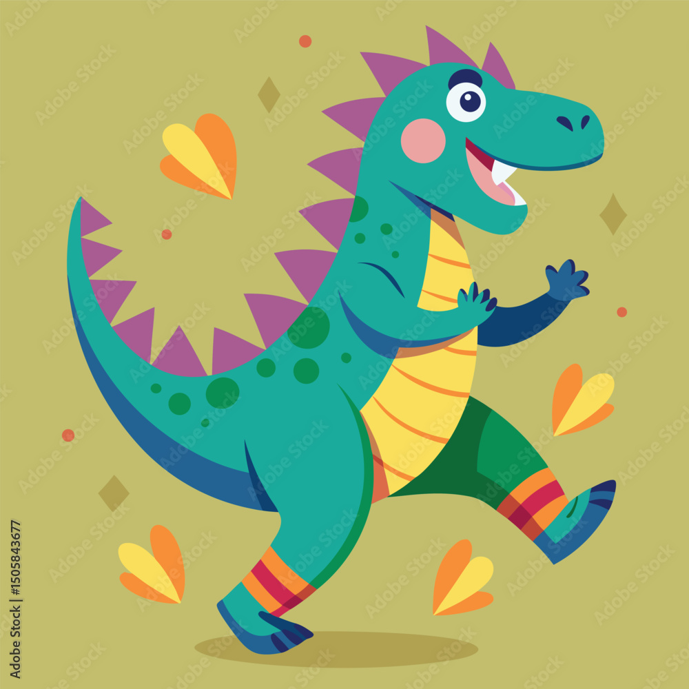 Obraz premium Cheerful cartoon dinosaur illustration with happy expressions and colorful decorative elements