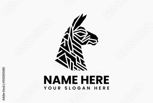 Modern black and white llama head vector logo with artistic fur patterns on clean background