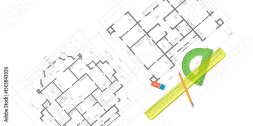 House plan project .Engineering education. Architectural plan .Ruler and protractor. Vector illustration