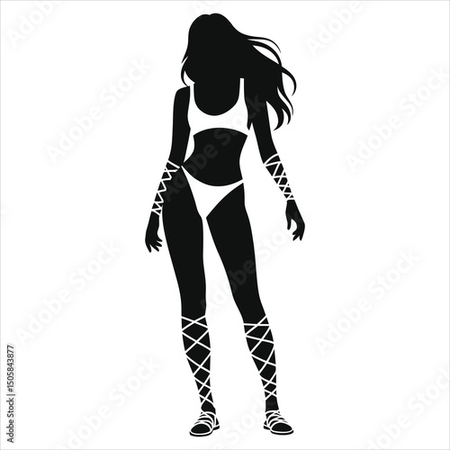 ( Gladiator sandals)Vector Silhouette of a Woman in a Bikini and Sandals/A bold, black silhouette of a woman in a simple white bikini and sandals.