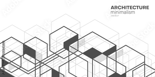Abstract architecture. White background from cubes and lines. Linear geometric drawing. Vector illustration.