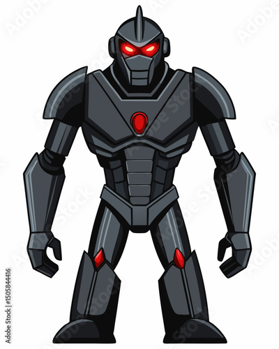 A black robot with glowing red eyes