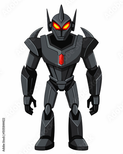 A black robot with glowing red eyes