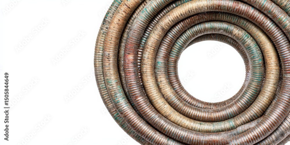 Close-up of a coiled, weathered metallic hose. The texture and colors are rich and varied. Close-up of a coiled, weathered metallic hose. The texture and colors are rich and varied.
