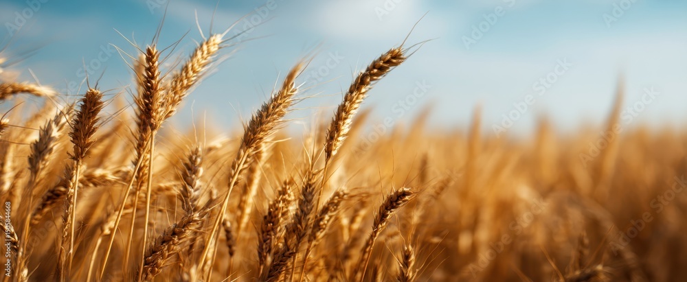 Fototapeta premium The golden wheat field swaying gently under a bright blue sky.