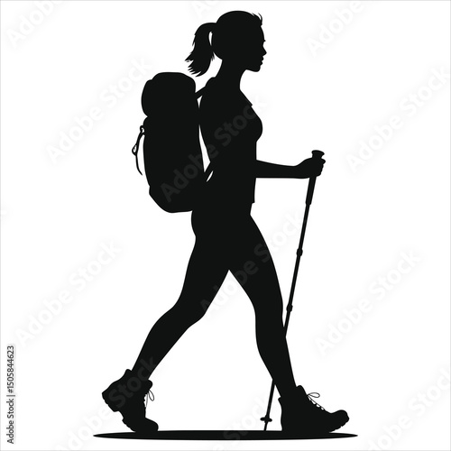 (Hiking boots)Vector Silhouette of a Woman Hiking with Trekking Poles/A strong, bold silhouette of a woman hiking, carrying a backpack and using trekking poles.