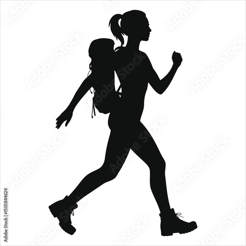 (Hiking boots)Vector Silhouette of a Woman Hiking, Dynamic Pose/A bold silhouette of a woman hiking, depicted in a dynamic, active pose.