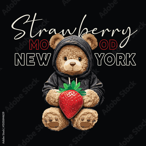 Strawberry and cool teddy bear vector illustration. Cute teddy bear cartoon character. Cute teddy t shirt graphics for kids. Cute animal drawing for poster.Red strawberry embroidery effect vector.