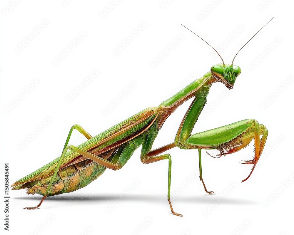 Close-up of a vibrant green praying mantis isolated on a white background.