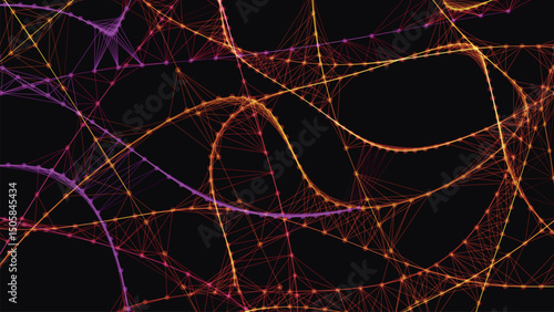 Bright, swirling light trails in shades of purple and pink, creating a dynamic volumetric abstract background. Neural connections. Network connection structure. Weave effect. Vector illustration.