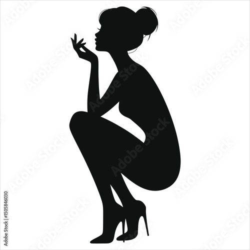 (Kitten heels)Vector Silhouette of a Woman in Deep Thought/A striking silhouette of a woman seated in contemplation.