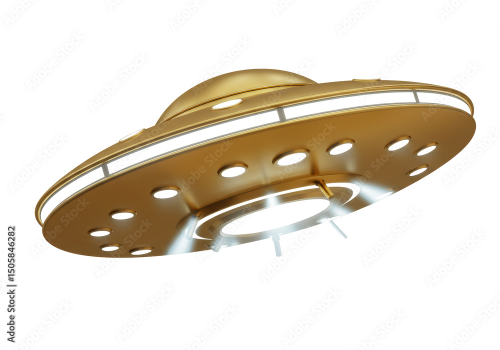 Isolated Golden UFO Flying Saucer with Lights Isolated Golden UFO Flying Saucer with Lights