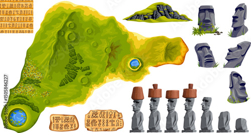 Silhouette Easter island or Rapa Nui top view. Set moai, signboards Rongorongo, pattern, undeciphered captions ancient peoples. Isolated vector cartoon stone statues. Background map. 