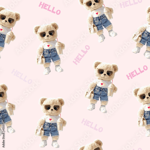 Cute girly teddy bear doll fashion style vector illustration.Adorable stylish teddy bear doll with trendy fashion accessories pattern.Chic girly teddy bear dressed in cute outfit with elegant details