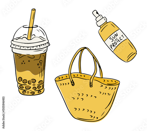 Summer essentials including a cold bubble tea, straw bag and sunscreen bottle hand drawn in simple flat style. Concept of vacation, relaxation and sunny lifestyle accessories