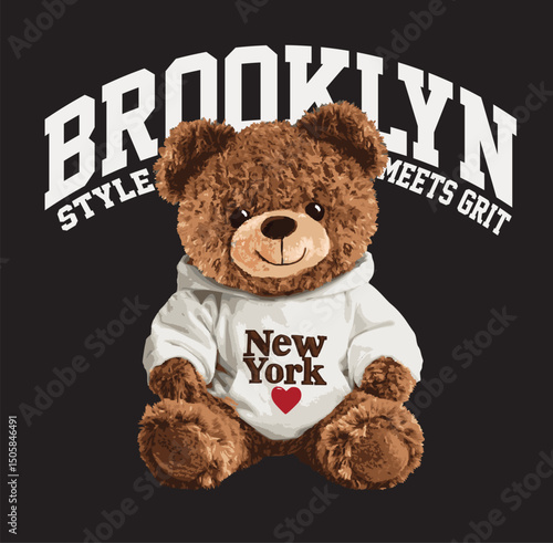 New York themed teddy bear vector illustration.Teddy bear vector hand drawn illustration cute print design for kids.College themed, cute animal graphic print for textiles. Teddy bear graphic.
