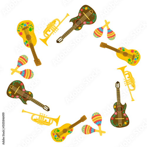 Hand drawn circular frame made of mariachi instruments including guitars, trumpets and maracas on white background. Concept of Mexican folk music, celebration and cultural sound expression