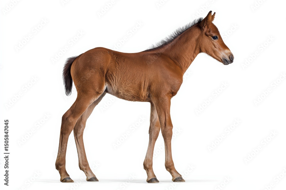 Obraz premium A chestnut foal stands on a white background.
