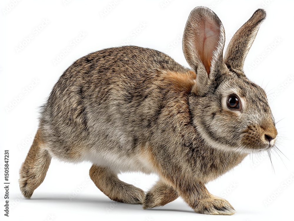 Obraz premium A brown rabbit hops across a white background.