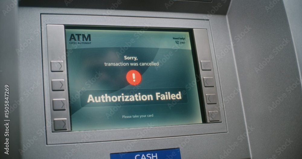 Unrecognizable Person Entering PIN Code on ATM Keypad to Withdraw Money. Error Message on Cash Machine Display About Transaction Cancellation Due to Failed Authorization. Banking Equipment. Close Up. Unrecognizable Person Entering PIN Code on ATM Keypad to Withdraw Money. Error Message on Cash Machine Display About Transaction Cancellation Due to Failed Authorization. Banking Equipment. Close Up.