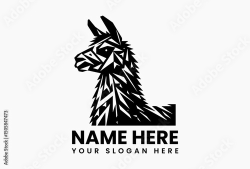 Modern black and white llama head vector logo with artistic fur patterns on clean background