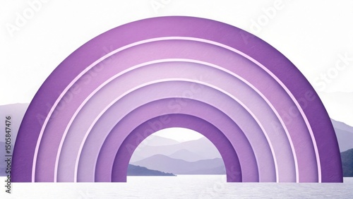 Abstract purple rainbow arch over serene landscape