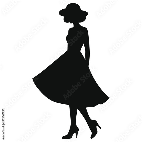 (Mary Jane shoes)Vector Silhouette of a Woman in a Dress and Hat/Elegant silhouette of a woman wearing a stylish hat and a flowing dress, walking confidently.