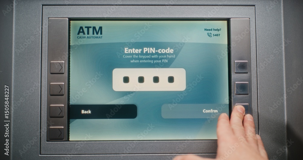 ATM User Entering PIN Code on ATM Keypad for Money Withdrawal. Error Message on Cash Machine Screen About Cancelled Transaction Due to Failed Authorization. Cash Transactions, Banking System. Close Up ATM User Entering PIN Code on ATM Keypad for Money Withdrawal. Error Message on Cash Machine Screen About Cancelled Transaction Due to Failed Authorization. Cash Transactions, Banking System. Close Up