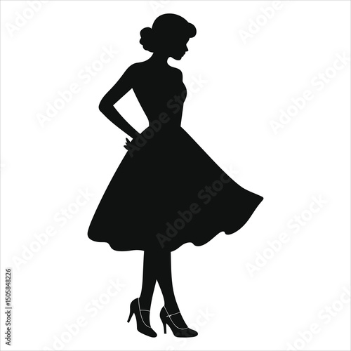 (Mary Jane shoes)Vector Silhouette of a Woman in a Vintage Dress/A stylish silhouette of a woman wearing a classic 1950s-inspired dress and high heels.