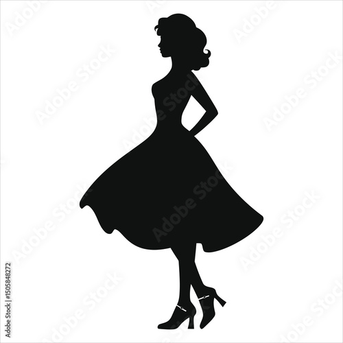 (Mary Jane shoes)Vector silhouette of a woman in a 1950s-style dress./A stylish silhouette of a woman in profile view, showcasing a classic 1950s-era dress with a full skirt and high heels.