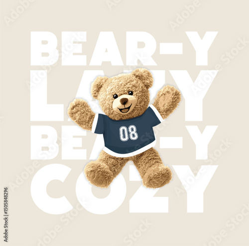 Cute teddy bear vector illustration.Fun teddy bear graphic design for textiles.Cute cozy teddy bear illustration lying on the floor and lazing.Cute animal pattern print.Cute animal drawing to hug you.