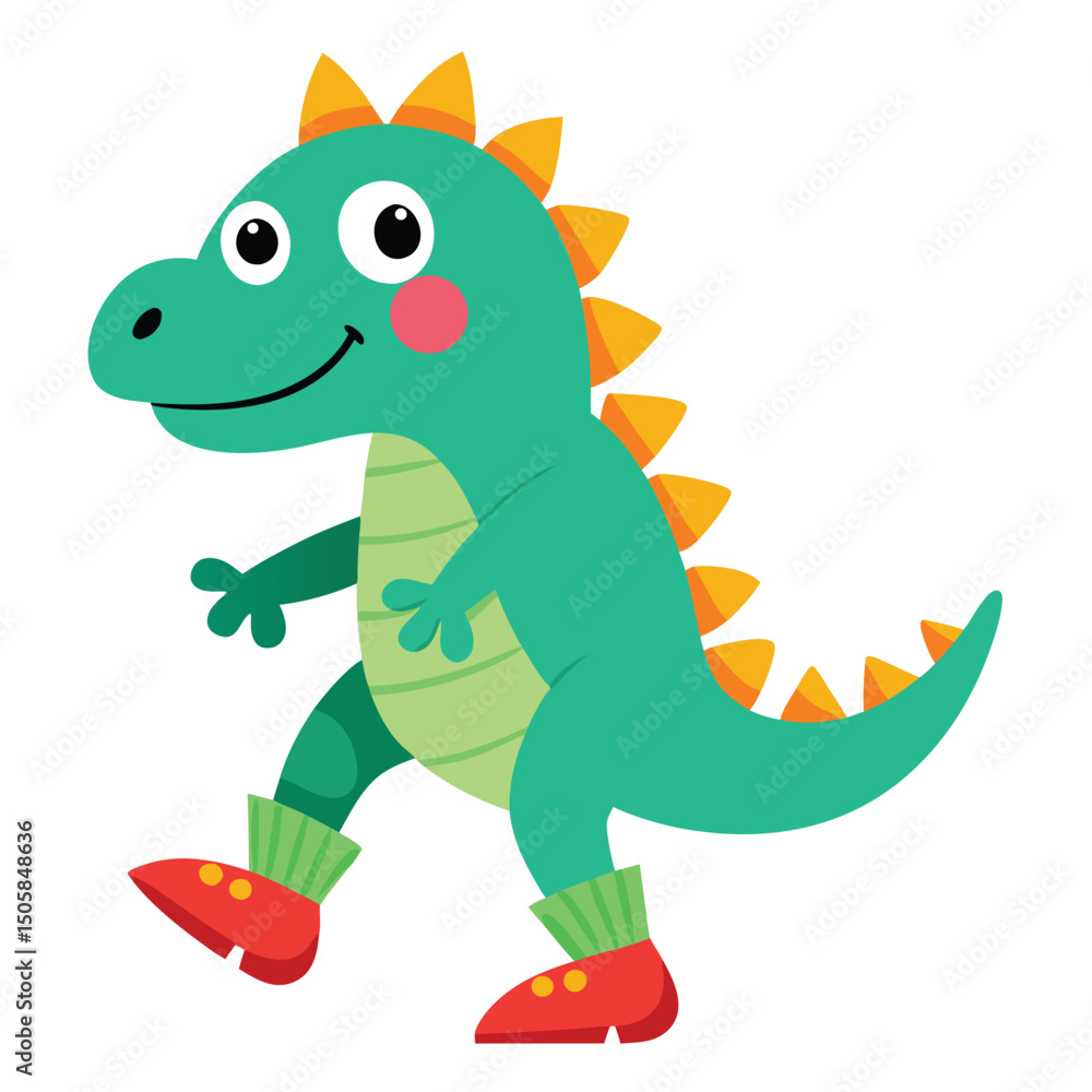 Naklejka premium Cute cartoon dinosaur wearing shoes walking happy smiling green creature illustration