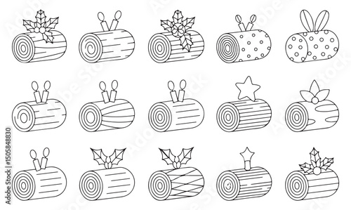 Hand-Drawn Christmas Yule Log Icons, Simple Line Art Holiday Decorations