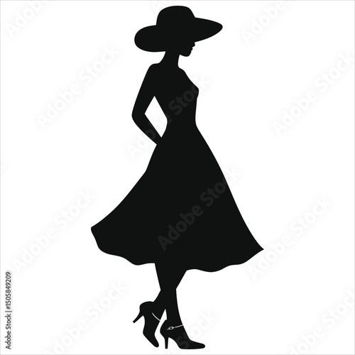 (Mary Jane shoes) vector Silhouette of a Woman in a Stylish Dress and Hat/A sophisticated silhouette of a woman wearing a wide-brimmed hat and a flowing dress.