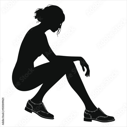 ( Oxfords Brogues shoes) Vector Silhouette of a Woman Sitting in Thoughtful Pose/A sophisticated black and white silhouette of a woman seated in a contemplative pose, likely in formal attire.