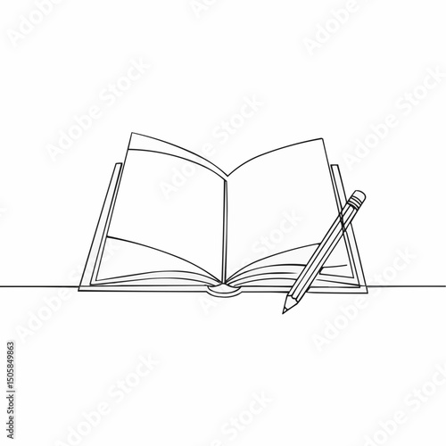 Continuous line drawing of open book with pencil. Study, education and learning.