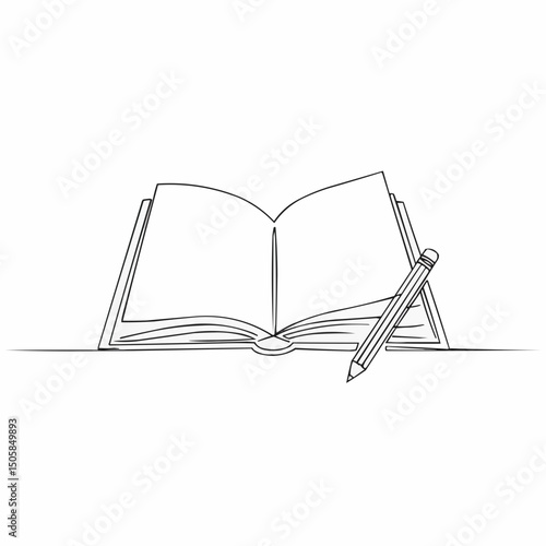 A simple line art of an open book with a pencil