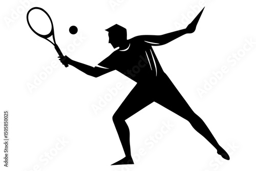 Minimalist Black and White Tennis Player Silhouette – Dynamic Athletic Pose with Racket and Ball