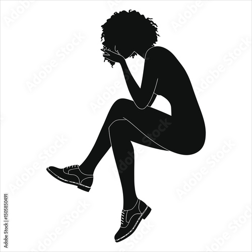 (Oxfords Brogues shoes )Melancholy Black Woman Vector Silhouette in Thoughtful Pose/A simple, elegant silhouette of a black woman sitting in a pensive pose, head bowed.