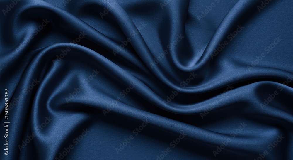 Fototapeta premium Close up of a luxurious and elegant dark blue silk fabric with smooth texture, soft waves, and shiny surface, creating an abstract and decorative design