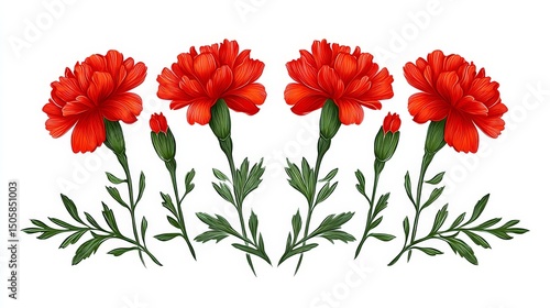 Vibrant Marigold Blossoms Arrangement - Five bright red marigolds, symbolizing passion, joy, creativity, warmth, and celebration, arranged in a decorative pattern