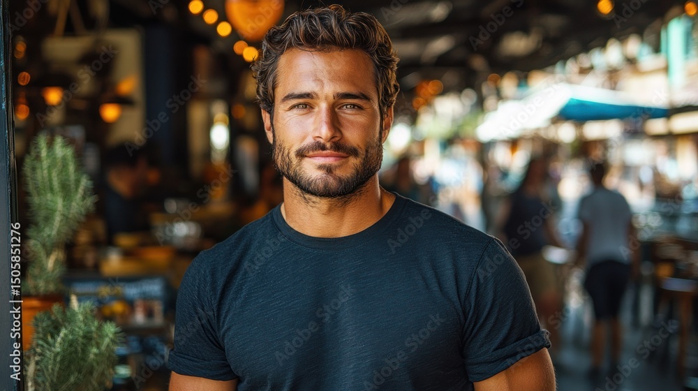 Fototapeta premium Man posing outside cafe in busy market