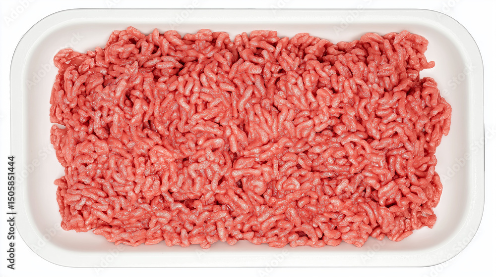 top view red minced meat white tray. isolated top view red minced meat white tray. isolated