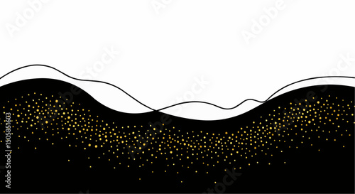 Minimalist wavy abstract design with sparkling gold accents on a black fluid background