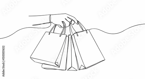 Line art illustration of a hand holding multiple shopping bags