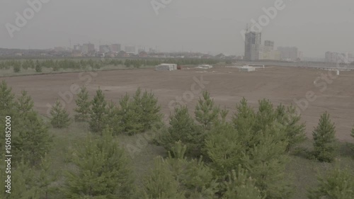 Tobolsk, drone, aerial photography, quadcopter, planting of young fir trees, outskirts of the city, view of multi-storey residential buildings, buildings, quarry, fields, forest belt
