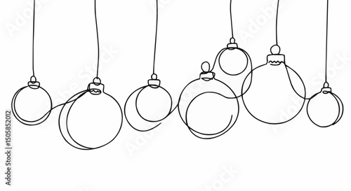 Minimalist Christmas ornaments hanging against a clean backdrop, rendered with a delicate line art style. Perfect for holiday design elements